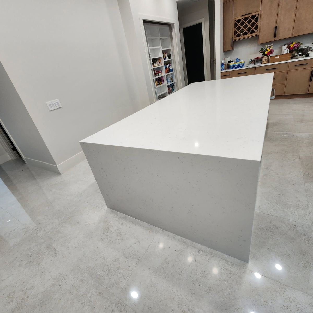 Kitchen island waterfall quartz countertop installation Southwest Florida