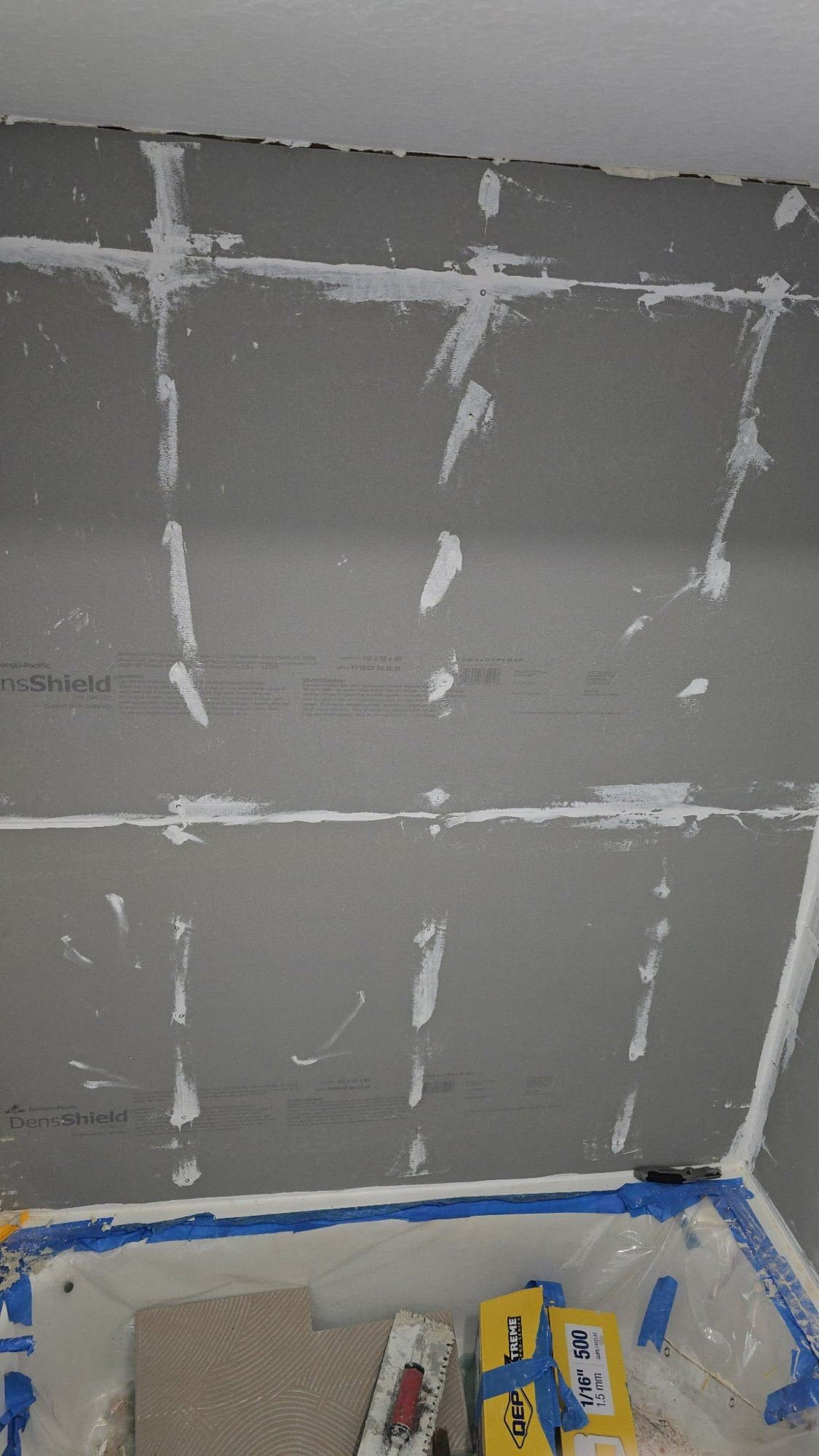 Guest bathroom during renovation with DensShield and tile prep Southwest Florida